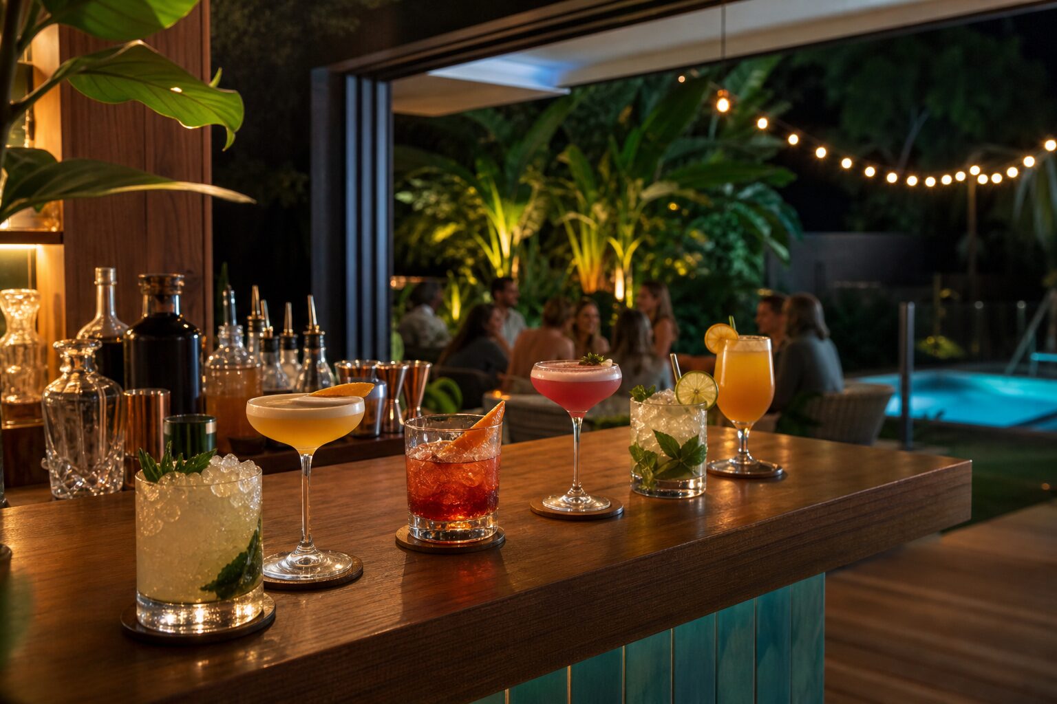 Crafted cocktails on a home bar counter ready for a backyard party