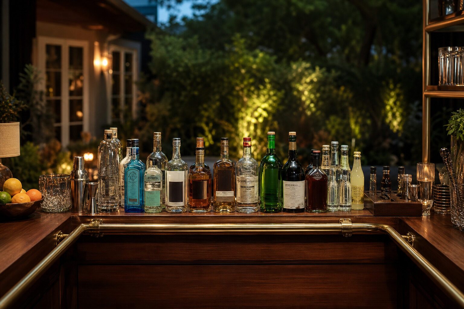 Bottles lined up on a home bar counter ready for stocktake