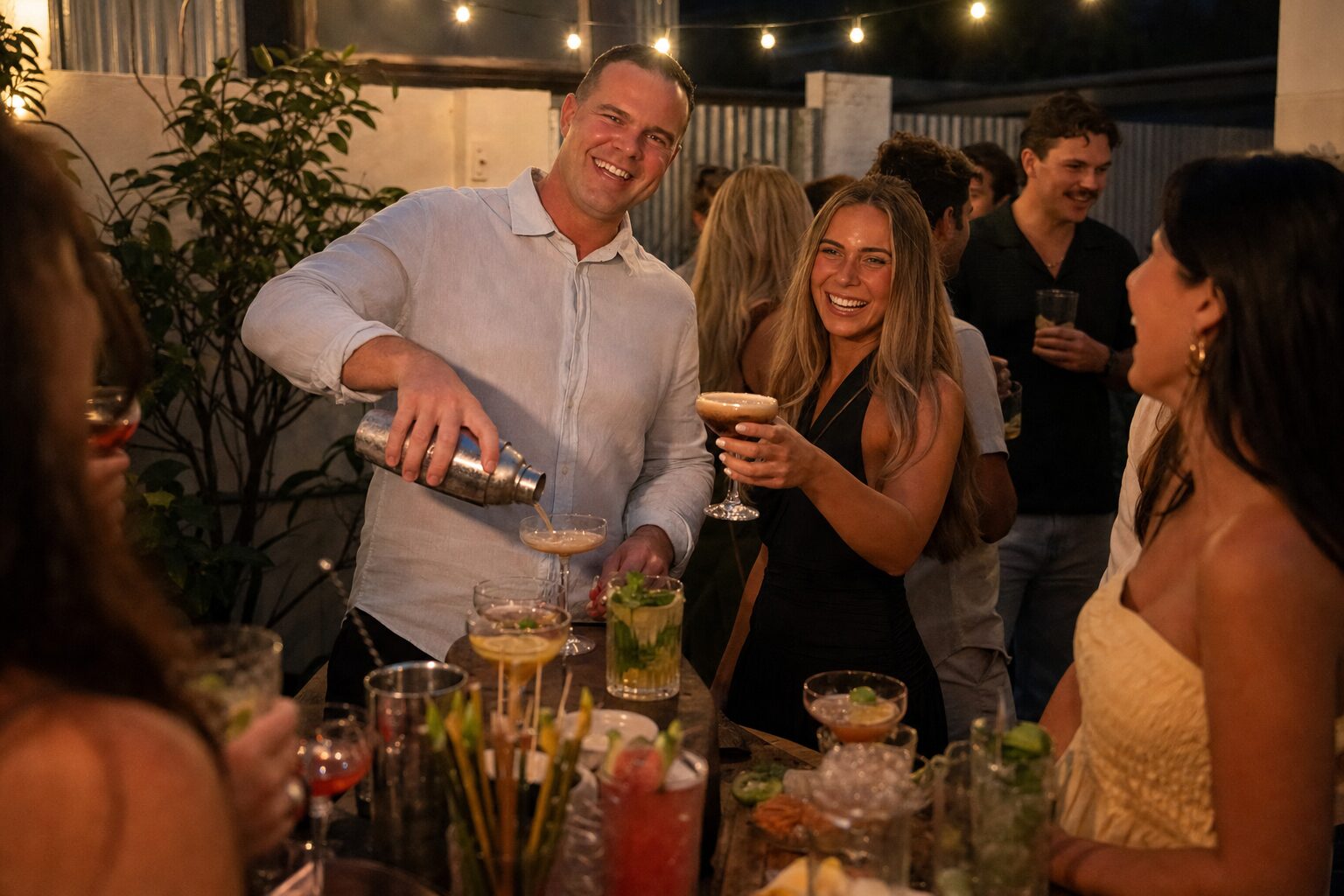 Pete and Emily pouring cocktails at a Coachwood Drive backyard party